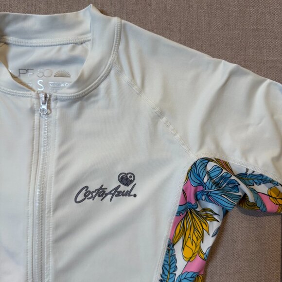 Costa Azul Juniors Rash Guard Small White Floral UPF 50 Long Sleeve Swim Shirt S - Picture 2 of 4